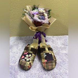 Drexlite Size 3 SHERRY FLY Corduroy Plaid Brown & Floral Slip-On Boho Clog Shoes